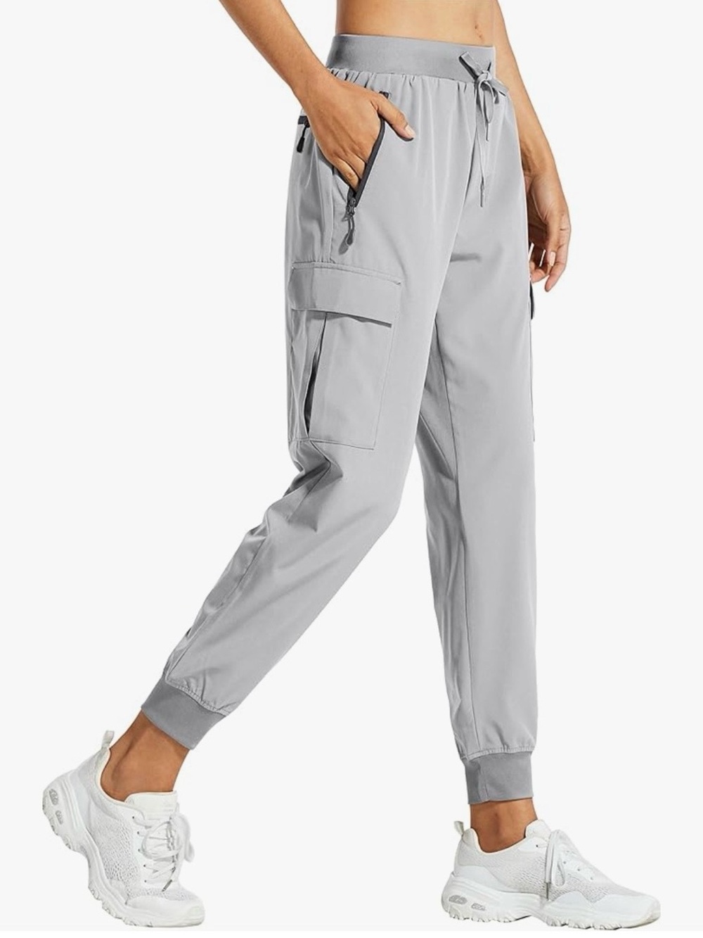 Light Gray Quick Dry Cargo Jogger Pants with Drawstring Waist, XL